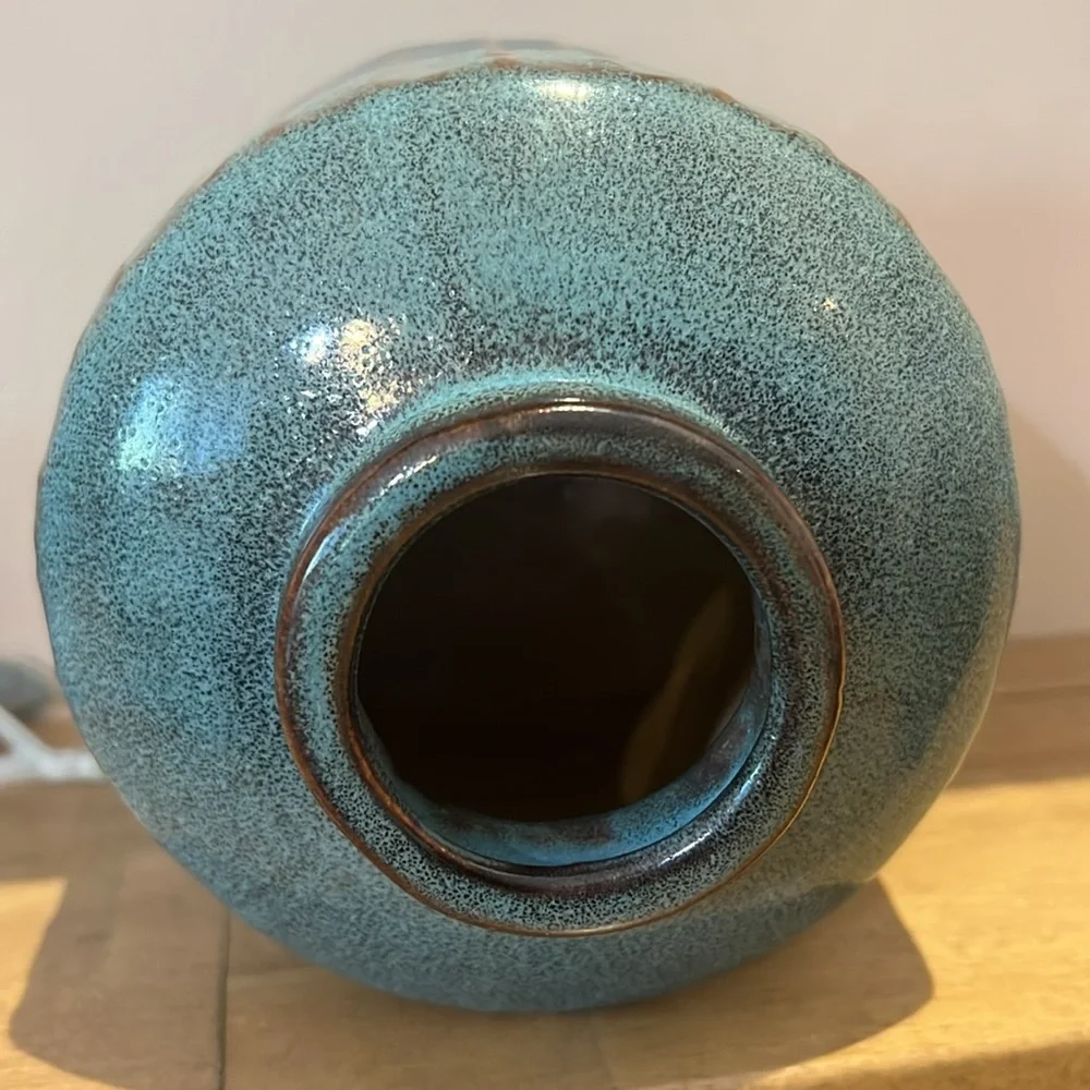 West Elm Ceramic Pottery Vase Turquoise w/Brown Geometric Accents